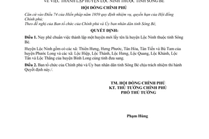 Quyết định 34-CP thành lập huyện Lộc Ninh tỉnh Sông Bé