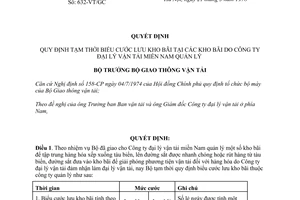 Quyết định 632-VT/GC biểu cước lưu kho bãi tại kho do công ty đại lý vận tải miền Nam quản lý
