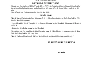 Quyết định 53-BT thành lập thị trấn Bo hợp nhất xã thuộc huyện Kim Bôi, tỉnh Hà Sơn Bình