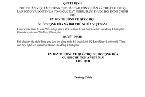 Quyết định 216-NQ/QHK6 tách Tổng cục đào tạo công nhân kỹ thuật khỏi Bộ Lao động đổi tên Tổng cục dạy nghề thuộc Hội Đồng Chính phủ