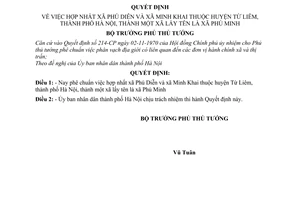 Quyết định 70-BT hợp nhất xã Phú Diễn, Minh Khai thuộc huyện Từ Liêm, Hà Nội, thành xã Phú Minh