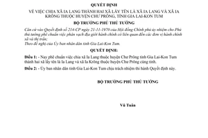 Quyết định 71-BT chia xã Ia lang thành  xã Ia Lang,Ia Krông huyện Chư Prông, tỉnh Gia Lai-Kon Tum