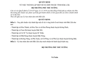 Quyết định 72-BT thành lập xã mới tỉnh Đắk Lắk