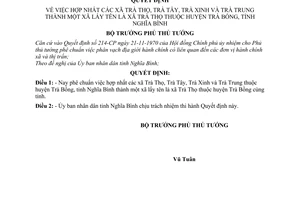 Quyết định 73-BT hợp nhất xã Trà Thọ, Trà Tây, Trà Xinh Trà Trung thành xã Trà Thọ huyện Trà Bồng, tỉnh Nghĩa Bình