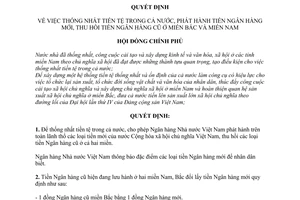 Quyết định 87-CP thống nhất tiền tệ cả nước, phát hành tiền ngân hàng mới, thu hồi tiền ngân hàng cũ ở  miền Bắc Nam