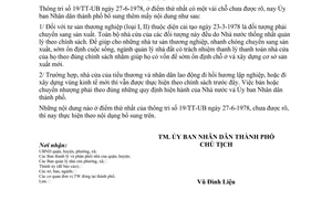 Thông tri số 20/TT-UB bổ sung nội dung vào điểm thứ nhất của Thông tri 19/TT-UB ngày 27-6-1978