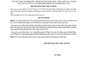 Quyết định 127-BT chia xã Bình Hòa huyện Mộc Hóa, tỉnh Long An, thành 2 xã Bình Hòa Đông, Bình Hòa Tây