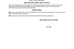 Quyết định 134-BT sáp nhập xã Hoà Bình,Thịnh Lang huyện Kỳ Sơn vào thị xã Hòa Bình, tỉnh Hà Sơn Bình