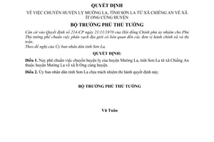 Quyết định 133-BT chuyển huyện lỵ Mường La, tỉnh Sơn La từ xã Chiềng An về xã Ít Ong cùng huyện
