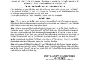Quyết định 3480/QĐ-UB ủy quyền Sở Tài chánh xét duyệt vốn góp công tư hợp doanh hình thức phân phối cổ phần tư nhân trong các xí nghiệp
