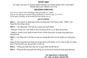 Quyết định 267-CP chuyển Ty đăng kiểm thành Cục đăng kiểm Việt Nam thuộc Bộ Giao thông vận tải