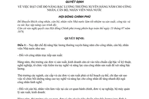 Quyết định 274-CP đặt chế độ nâng bậc lương thường xuyên hàng năm cho công nhân, cán bộ, nhân viên nhà nước