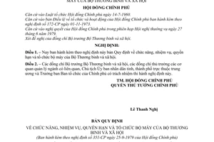 Nghị định 351-CP Quy định chức năng, nhiệm vụ, quyền hạn và tổ chức bộ máy của Bộ Thương binh và xã hội