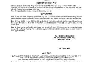 Quyết định 428-CP Quy chế quá cảnh tạm thời tàu thuỷ nước ngoài chở hàng viện trợ nhân đạo khẩn cấp nhân đạo qua đường sông Cửu Long lên Campuchia