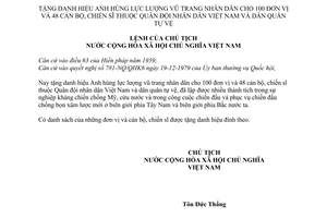 Lệnh tặng danh hiệu anh hùng lực lượng vũ trang nhân dân cho 100 đơn vị và 48 cán bộ chiến sĩ quân đội nhân dân Việt Nam và dân quân tự vệ 187-LCT