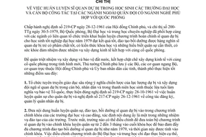 Chỉ thị 387-TTg huấn luyện sĩ quan dự bị học sinh trường đại học cán bộ công tác ngành ngoài quân đội ngành nghề phù hợp quốc phòng