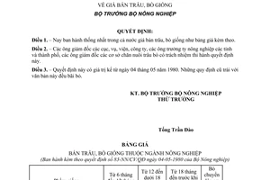 Quyết định 83-NN/CV/QĐ bán giá trâu, bò giống