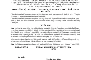 Quyết định liên bộ 248-LĐ/QĐ thành phần cơ quan có trách nhiệm chủ trì điều tra các sự cố nồi hơi, bình chịu áp lực gây tai nạn lao động chết người.