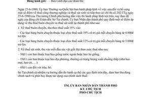 Công văn 1352/UB quy định áp dụng thu thuế buôn chuyến sát sinh tại thành phố