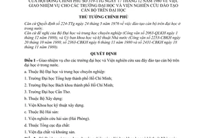 Quyết định 319-TTg giao nhiệm vụ cho trường đại học, viện nghiên cứu đào tạo cán bộ trên đại học