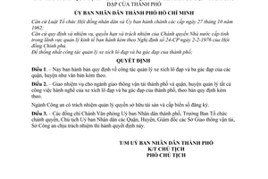 Quyết định 84/QĐ-UB công tác quản lý xe xích lô ba gác đạp thành phố