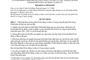 Quyết định  226-CP thành lập Ban chỉ đạo phân bố lao động dân cư