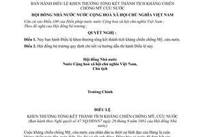 Nghị quyết 47-NQ/HĐNN7 Điều lệ khen thưởng tổng kết thành tích kháng chiến chống Mỹ cứu nước