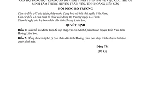 Quyết định 101-HĐBT giải thể xã Minh Tâm huyện Trấn Sơn, tỉnh Hoàng Liên Sơn