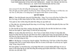 Quyết định 65-HĐBT tạm thời khoanh vùng núi Chư Môm Rây  Ngọc Vin huyện Sa Thầy, tỉnh Gia Lai - Kon Tum thành khu rừng cấm