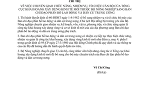 Chỉ thị 73-HĐBT chuyển giao chức năng nhiệm vụ tổ chức CB chỉ đạo phân bổTổng cục Khai hoang xây dựng kinh tế mới sang BCĐ phân bổ lao động dân cư
