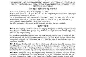 Quyết định 169-CT giao nhiệm vụ kiểm tra, cấp giấy chứng nhận chất lượng hàng thuỷ sản trước xuất khẩu