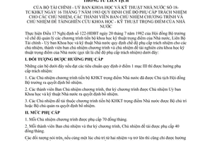 Thông tư 18-TC/KHKT quy định phụ cấp trách nhiệm đề tài nghiên cứu khoa học kỹ thuật trọng điểm Nhà nước