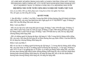 Nghị quyết 384-NQ/HĐNN7 sửa đổi bản Điều lệ khen thưởng tổng kết thành tích kháng chiến chống Mỹ, cứu nước kèm theo Nghị quyết 47-NQ/HĐNN7