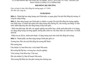 Nghị định 105-HĐBT thành lập Ban năng lượng của Chính phủ