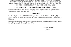 Nghị quyết phê chuẩn Nghị quyết của Hội đồng Nhà nước cử đồng chí Hoàng Quy, giữ chức Bộ trưởng, Phó Chủ nhiệm Uỷ ban Kế hoạch Nhà nước