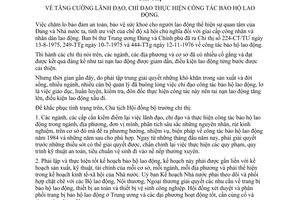 Chỉ thị 70-CT tăng cường lãnh đạo, chỉ đạo thực hiện công tác bảo hộ lao động