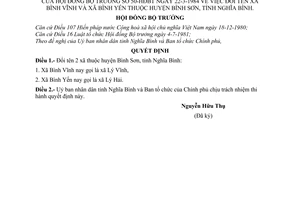 Quyết định 50-HĐBT đổi tên xã Bình Vĩnh, Bình Yến huyện Bình Sơn, tỉnh Nghĩa Bình