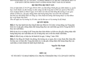 Quyết định 347-TS/QĐ Điều lệ tổ chức hoạt động Trung tâm kiểm tra cấp giấy chứng nhận chất lượng hàng thuỷ sản xuất khẩu