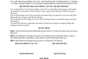 Quyết định 123-QĐ/LB  quy định tỷ lệ hao hụt muối trong vận chuyển bằng ôtô