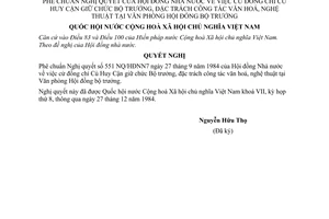 Nghị quyết phê chuẩn Nghị quyết Hội đồng Nhà nước và cử đồng chí Cù Huy Cận giữ chức Bộ trưởng, đặc trách công tác văn hoá, nghệ thuật