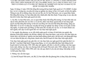 Thông tư 287-BT phát huy vai trò năng lực phụ nữ sự nghiệp xây dựng bảo vệ Tổ quốc xã hội chủ nghĩa