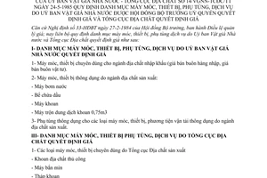 Thông tư liên tịch 14-VGNN-TCĐC/TT quy định danh mục máy móc thiết bị phụ tùng dịch vụ Hội đồng Bộ trưởng uỷ quyền quyết định giá