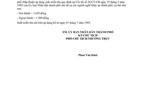 Công văn 1814/CV-UB suất miễn thu cho các ngành nghề tại thành phố