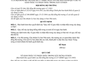 Quyết định 217-HĐBT quy chế  giao thầu và nhận thầu trong xây dựng cơ bản