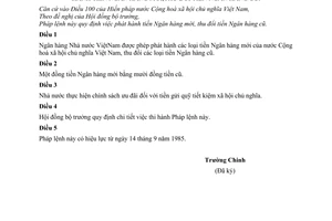 Pháp lệnh Phát hành tiền ngân hàng mới, thu đổi tiền ngân hàng cũ 1985 18-LCT/HĐNN7