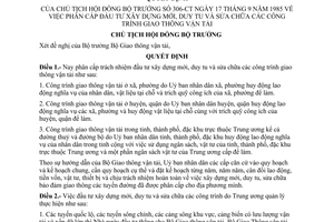 Quyết định 306-CT phân cấp đầu tư xây dựng mới, duy tu sửa chữa các công trình giao thông vận tải