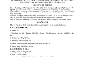 Quyết định 273-HĐBT điều chỉnh cước vận tải hành khách hàng hoá