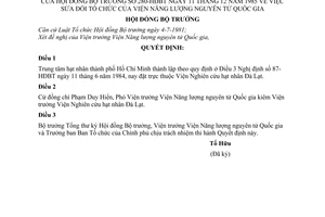 Quyết định 280-HĐBT sửa đổi tổ chức Viện Năng lượng nguyên tử quốc gia