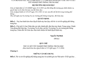 Quyết định 215-QĐ  Quy chế thi và xét tốt nghiệp phổ thông trung học