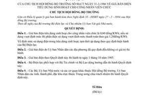 Quyết định 80-CT giá bán điện tiêu dùng sinh hoạt cho công nhân viên, viên chức